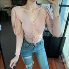Cropped Drawstring Puff-sleeve Knit Top