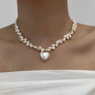 Heart Pendant Faux Pearl Choker / Ring