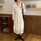 Long-sleeve Lace Trim Midi A-line Dress Almond - One Size