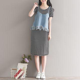 Set : Stripe Short-sleeve T-shirt Dress + Fringed Denim Strap Top
