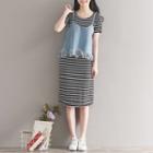 Set : Stripe Short-sleeve T-shirt Dress + Fringed Denim Strap Top
