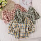 Square-neck Puff-sleeve Plaid Short-sleeve Top