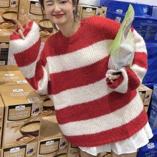 Color Block Striped Oversize Knit Sweater Red & White - One Size