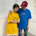 Couple Matching Letter Embroidered Elbow-sleeve T-shirt