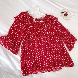 Floral Printed Chiffon Ruffled-trim Lace-up Short-sleeve Top Red - One Size