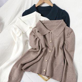 Long-sleeve Collared Button-up Knit Top