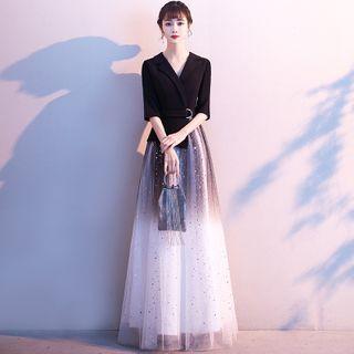 Elbow-sleeve Glitter Sheath Evening Gown