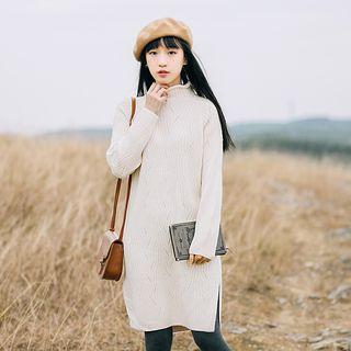 Mock-turtleneck Loose-fit Straight Plain Long Knitted Sweater