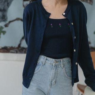 Long-sleeve Knitted Cardigan / Round Neck Vest Blue - One Size