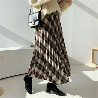 Band-waist Pleated Checked Skirt Brown - One Size