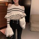Ruffle Striped Sweater White - One Size