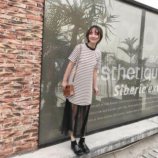Set: Striped Short-sleeve T-shirt Dress + Mesh Maxi Skirt