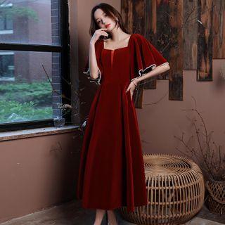 Elbow-sleeve Velvet Midi Prom Dress