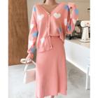 Set: Heart Print Cardigan + Knit Skirt Pink - One Size