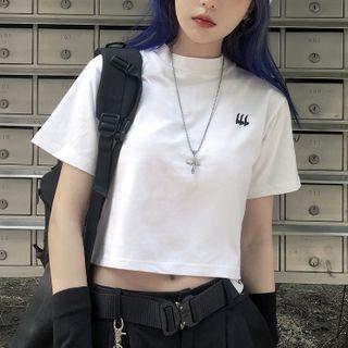 Lettering Embroidered Short-sleeve Cropped Top