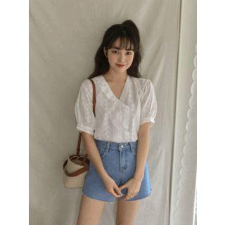 Puff-sleeve Frill-trim Lace Blouse