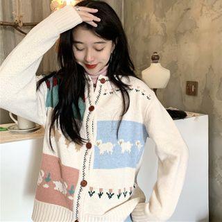 Color Block Jacquard Knit Cardigan Almond - One Size