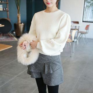Faux-pearl Beaded Balloon-sleeve Wool Blend Sweater