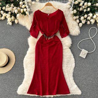 Elbow-sleeve Velvet Midi A-line Dress