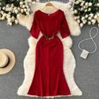 Elbow-sleeve Velvet Midi A-line Dress