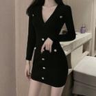 V-neck Long-sleeve Mini Bodycon Dress Black - One Size