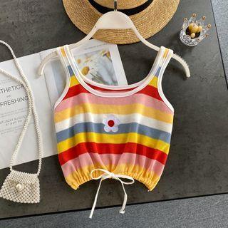 Striped Embroidered Suspender Drawstring Tank Top As Shown In Figure - One Size