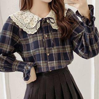 Lace Collar Plaid Button-up Blouse