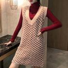 Mock Turtleneck Knit Top / Mini V-neck Pinafore Knit Dress