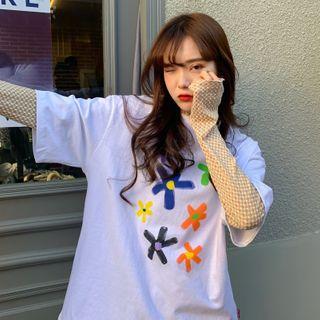 Short-sleeve Flower Print Top + Long-sleeve Patterned Top
