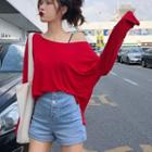 Off-shoulder Long-sleeve T-shirt Red - One Size