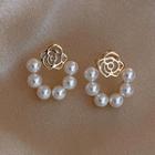 Flower Alloy Faux Pearl Earring 1 Pair - Silver & White - One Size