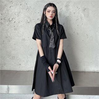 Set: Short-sleeve Chained A-line Shirtdress + Tie
