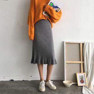 High-waist Ruffle Trim Ribbed Skirt