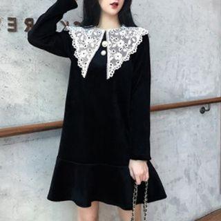 Long-sleeve Crochet Lace Collar Velvet Dress