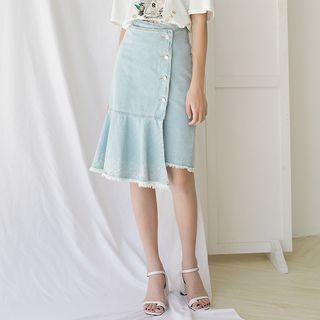 Denim Ruffle-hem Fitted Skirt
