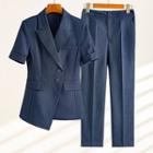 Short-sleeve Asymmetrical Blazer / Straight Leg Dress Pants / Set