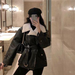 Fleeced Long-sleeve Faux Leather Jacket Black - One Size