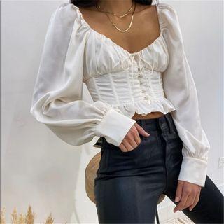 Plain Long Sleeve V-neck Cropped Blouse