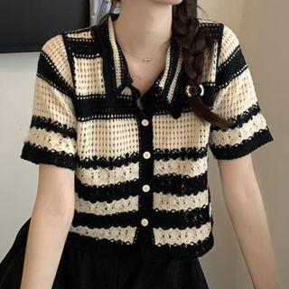 Short-sleeve Collar Striped Cardigan Black - One Size