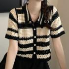Short-sleeve Collar Striped Cardigan Black - One Size