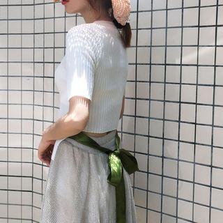 Ribbon Rib-knit Short-sleeve Top