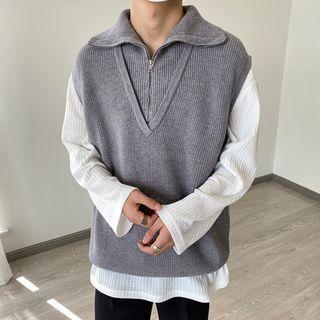Mock Two-piece Turtleneck Half-zip Sweater