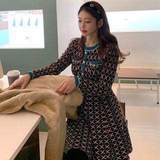 Patterned A-line Knit Dress Coffee & Blue - One Size