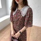 Elbow-sleeve Floral Print Lace Collar A-line Midi Dress Red - One Size