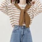 Set: Striped Long-sleeve Knit Top + Plain Knit Shawl