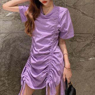 Short-sleeve Drawstring Side Plain T-shirt Dress