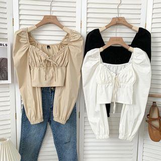 Tie-neckline Ruffle-trim Crop Top In 8 Colors