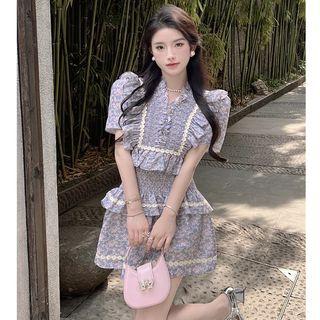 Puff-sleeve Ruffled Floral Crop Top / Layered Smocked Mini Skirt