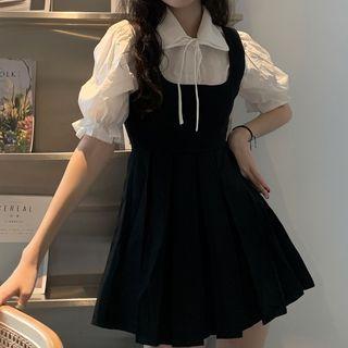 Puff-sleeve Peter Pan-collar Shirt / Pleated Overall Dress