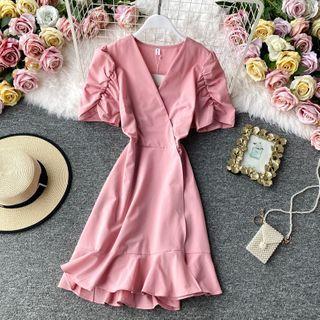 V-neck Puff-sleeve Ruffled Dress
